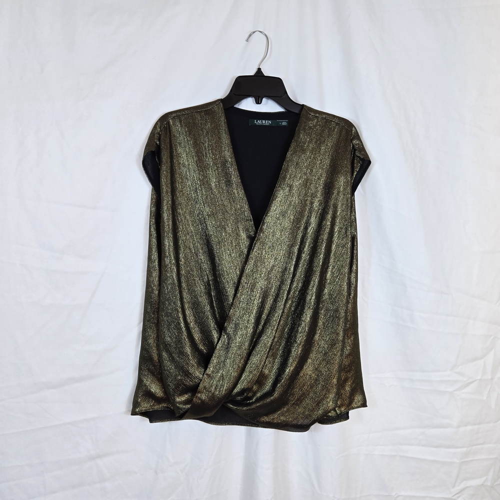 Lauren Ralph Lauren Women's Gold Metallic Sleeveless Surplice Party Blouse Large